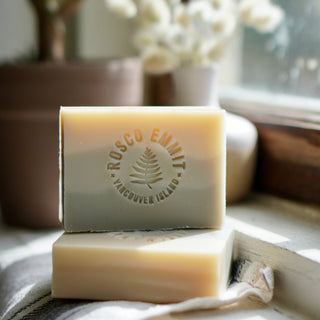 Two rectangular bars of Rosco Emitt Vancouver Island soap stacked on a cloth surface near a window, with soft-focus potted plants in the background.